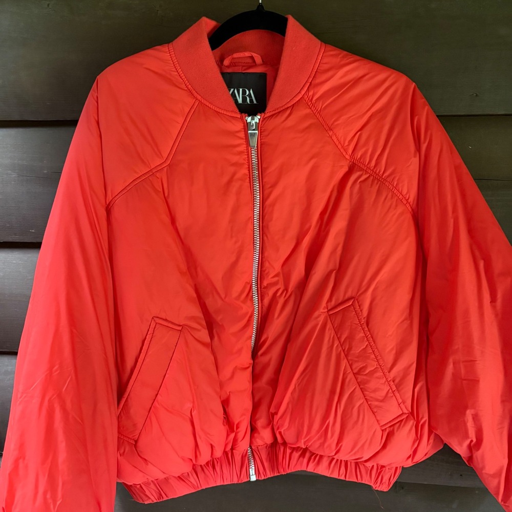Zara Womens Red Padded Bomber‎ Jacket Full Zip Pockets Size XS-S